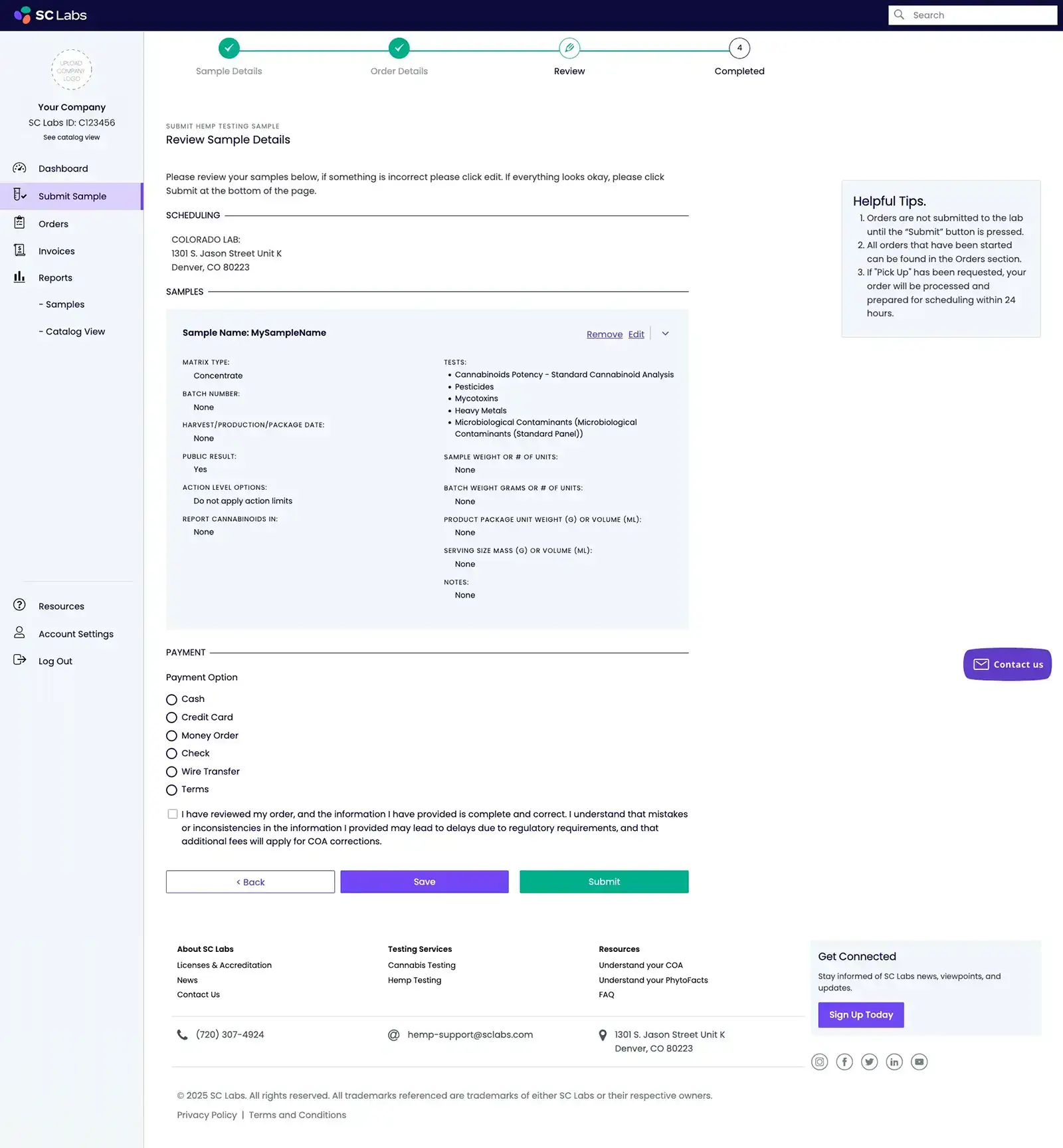 SC Labs CSP Submit Samples - Order Review page