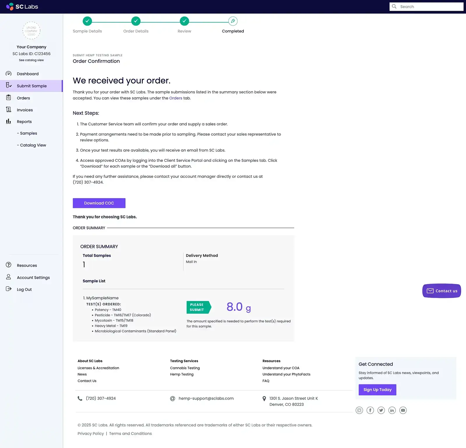 SC Labs CSP Submit Samples - Confirmation page